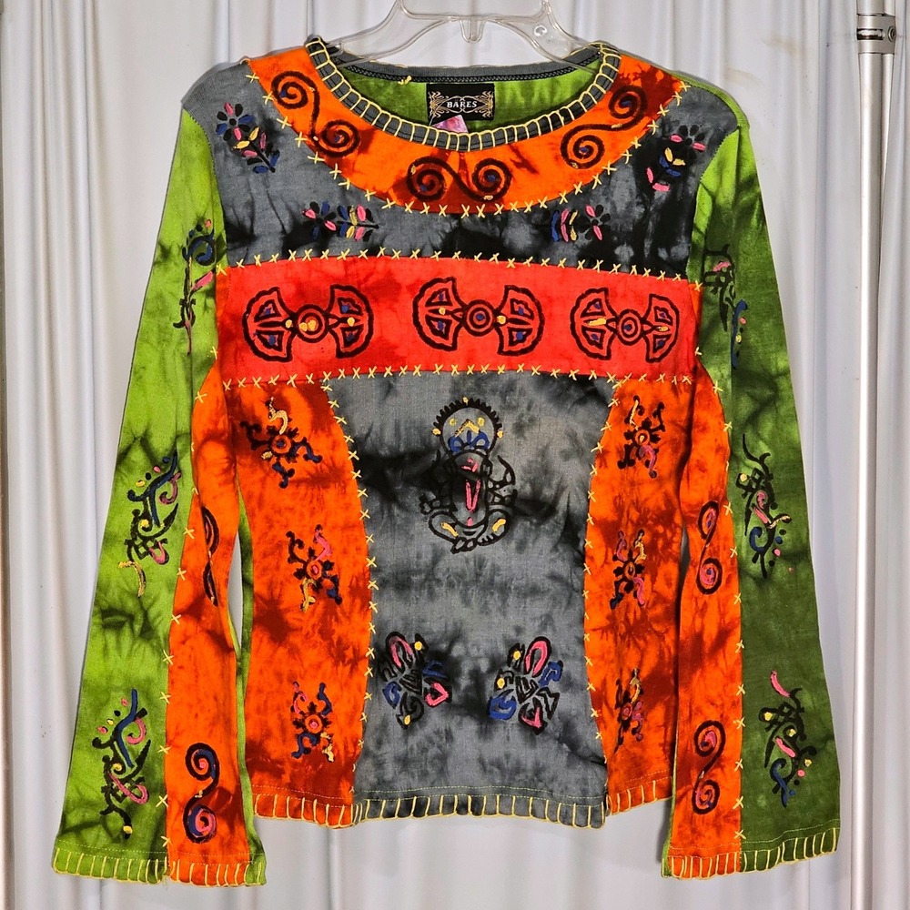 BARES Women Patchwork Tie Dye Long Sleeve Top Embroidery Boho Green Orange NEW